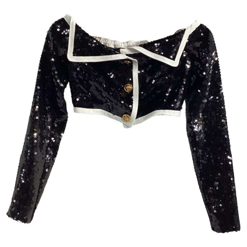 Giambattista Valli Sequined Off-Shoulder Crop Top in Black Polyester